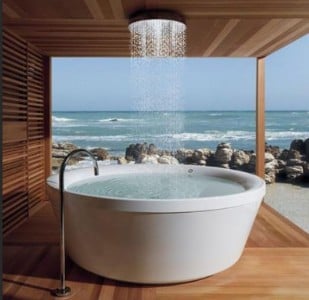 Japanese soaking tub next to shower