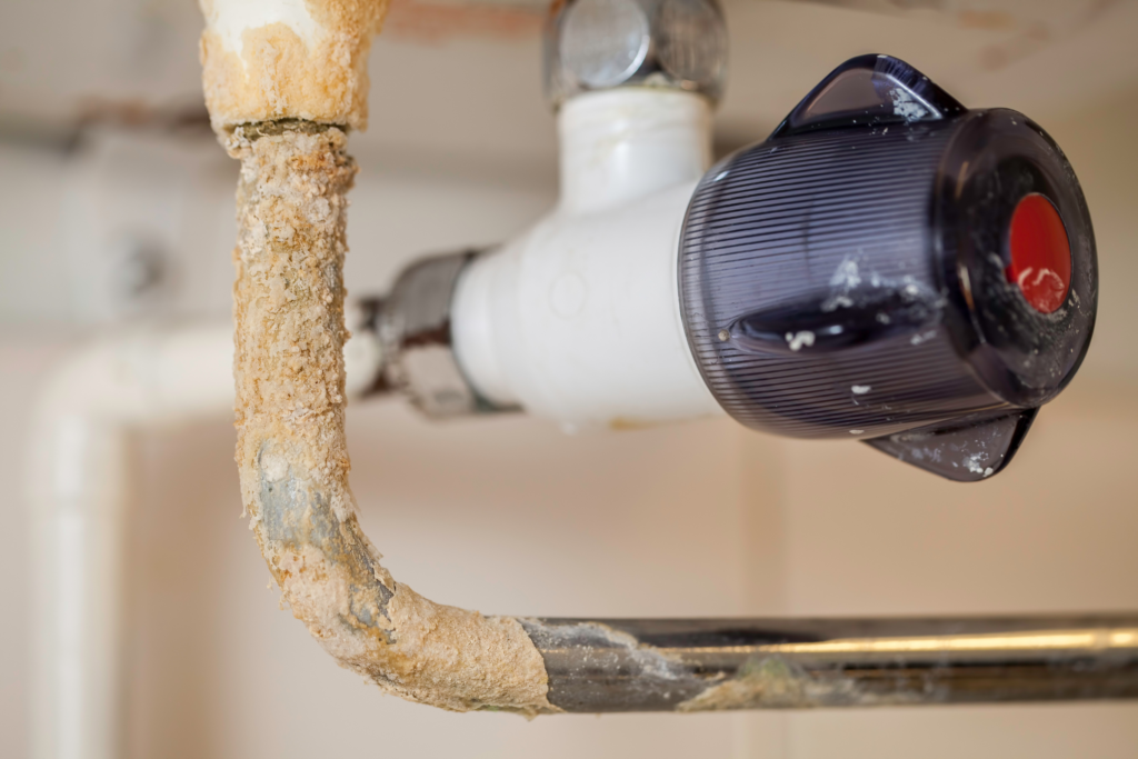 Heavy limescale buildup on pipes inside a home.