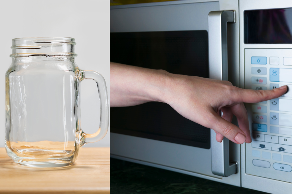 A mason jar next to a person pressing a button on a microwave.