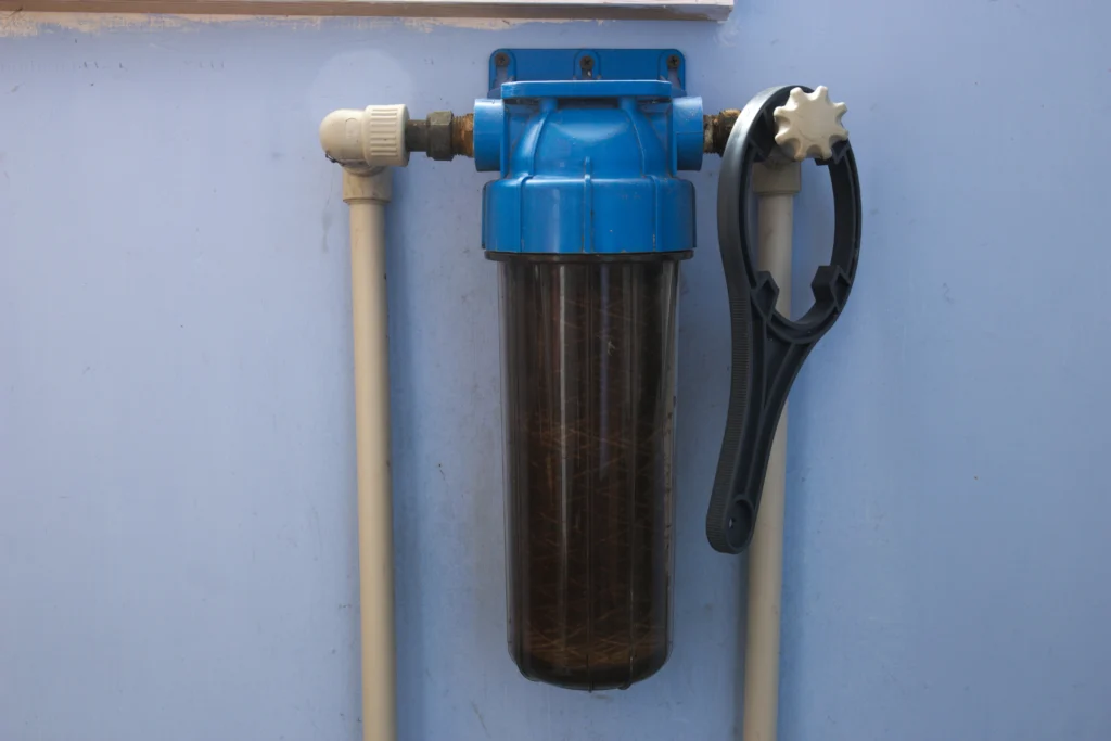 A salt-free water softener connected to in-home plumbing.