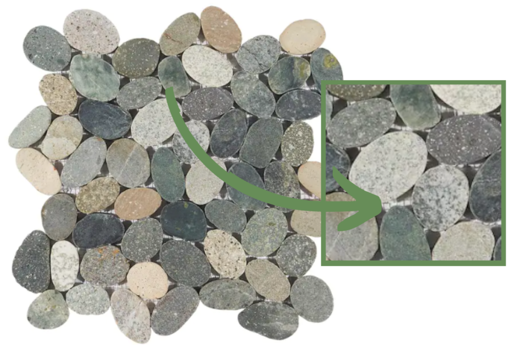 Similar to most very small tiles, pebbles are laid out on mesh for easy installation.