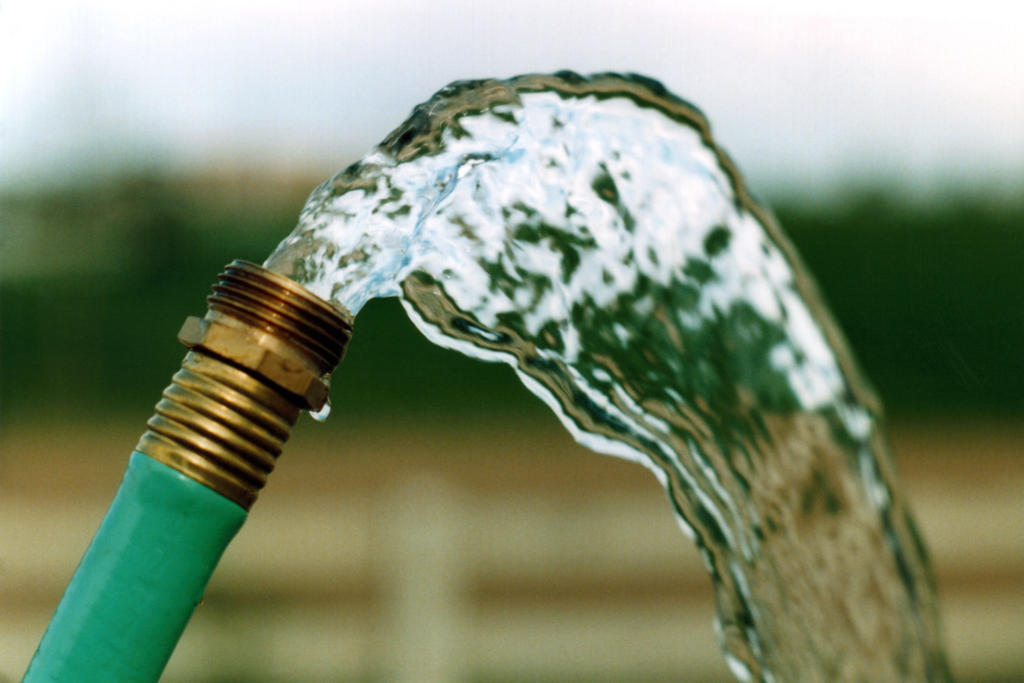 A green garden hose sprays clear hose water into the air.