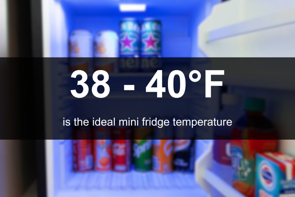 An image showing inside a mini fridge with text overlay saying "38-40F is the ideal mini fridge temperature"