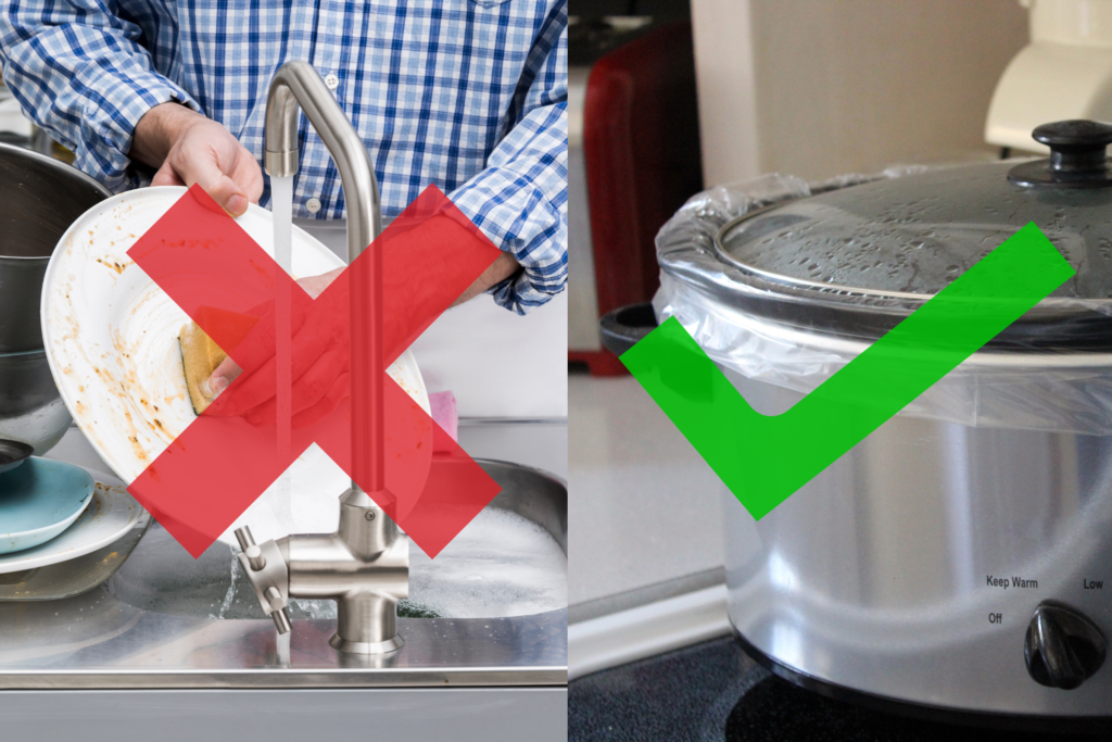 A red "X' overtop a picture of a person cleaning dishes next to a green check mark overtop a picture of a slow cooker liner.