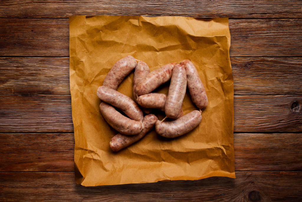 Sausage links sit on top of brown-yellow butcher paper.