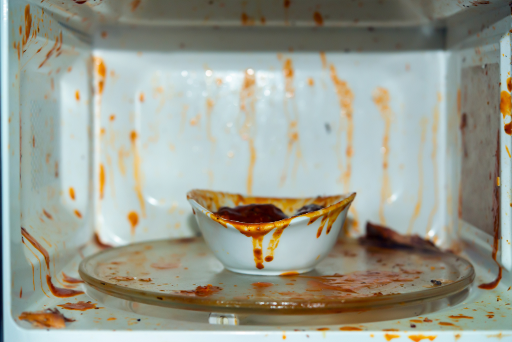 a bowl of food that splattered and made the microwave a mess