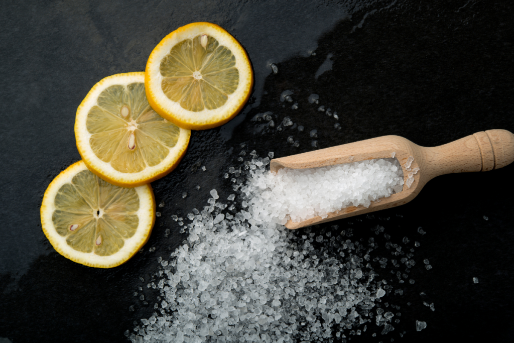 Salt and lemon combine to form a natural cleaner with a bit of acid and a gentle scrub.