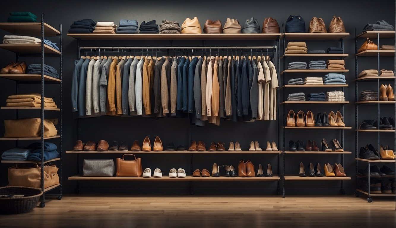 Clothes neatly folded and hung, shoes lined up on shelves, bins and baskets for accessories, a labeled system for easy access
