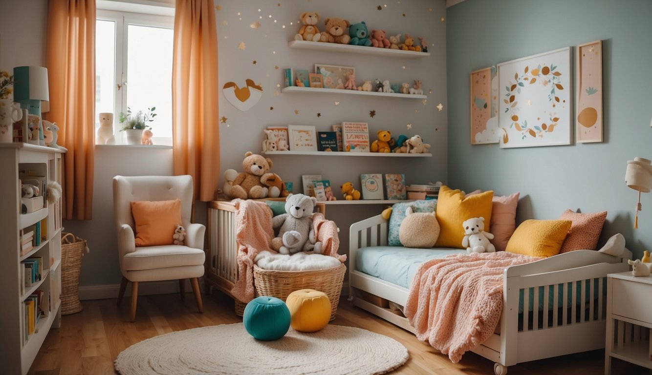 A cozy nursery with cribs and colorful toys. A toddler bed with soft blankets. Bookshelves filled with children's books. Bright, cheerful decor on the walls