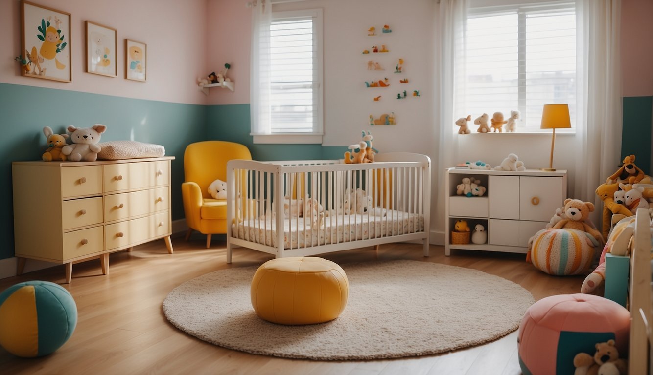 A colorful nursery with cribs and toys, adjacent to a playful toddler room with small beds and educational play areas