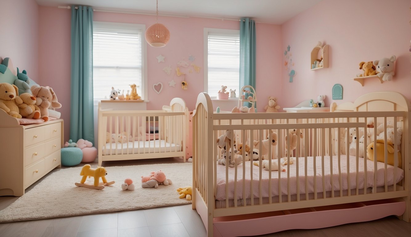A brightly lit nursery with colorful toys and soft, pastel-colored walls. A row of cribs sits against one wall, while a play area with small tables and chairs occupies the center of the room