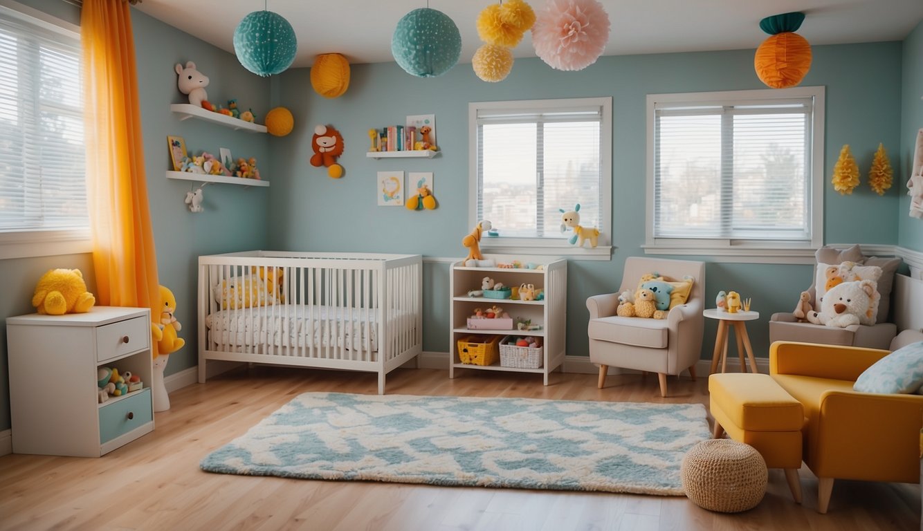 A bright, colorful nursery with cribs and toys. A separate area for toddlers with small tables and chairs. Books and educational posters on the walls