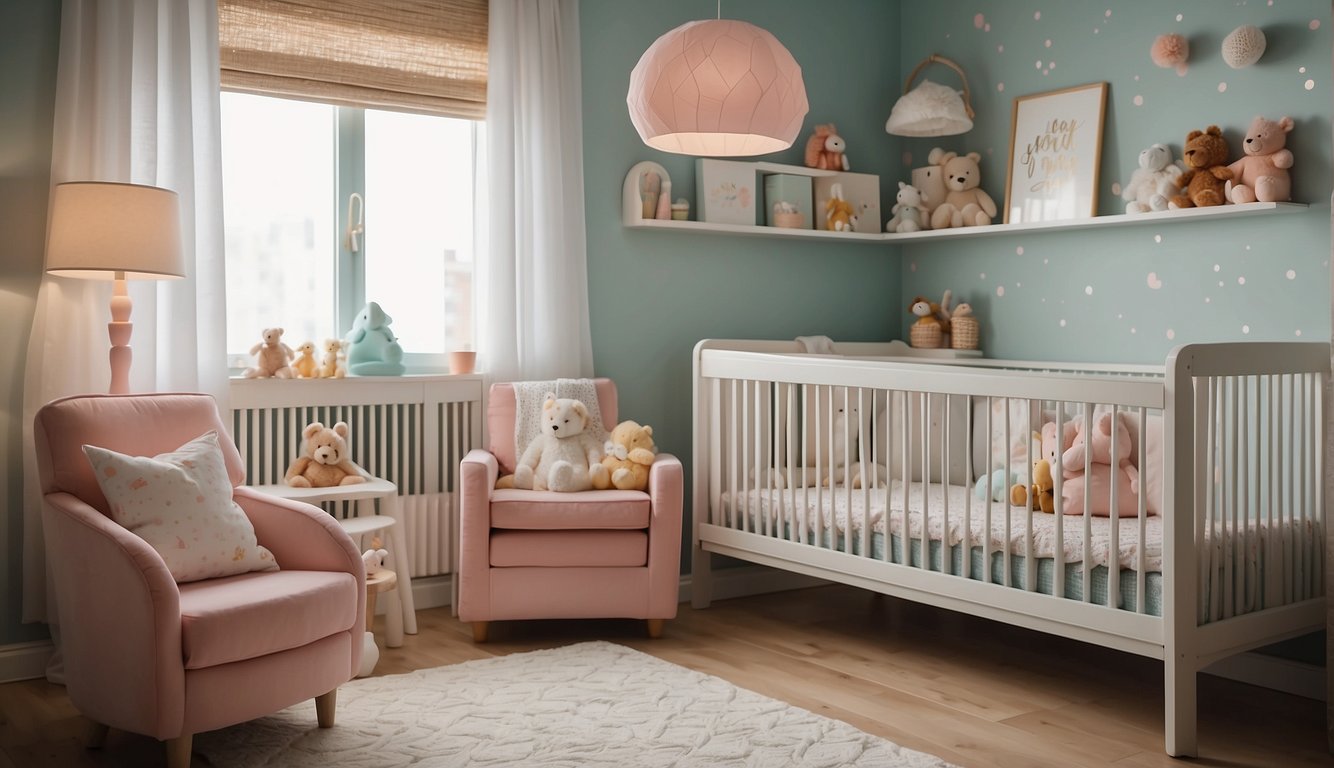 A cozy nursery with soft pastel walls, a row of cribs, and shelves of colorful toys. A separate area for toddlers with small tables and chairs for activities