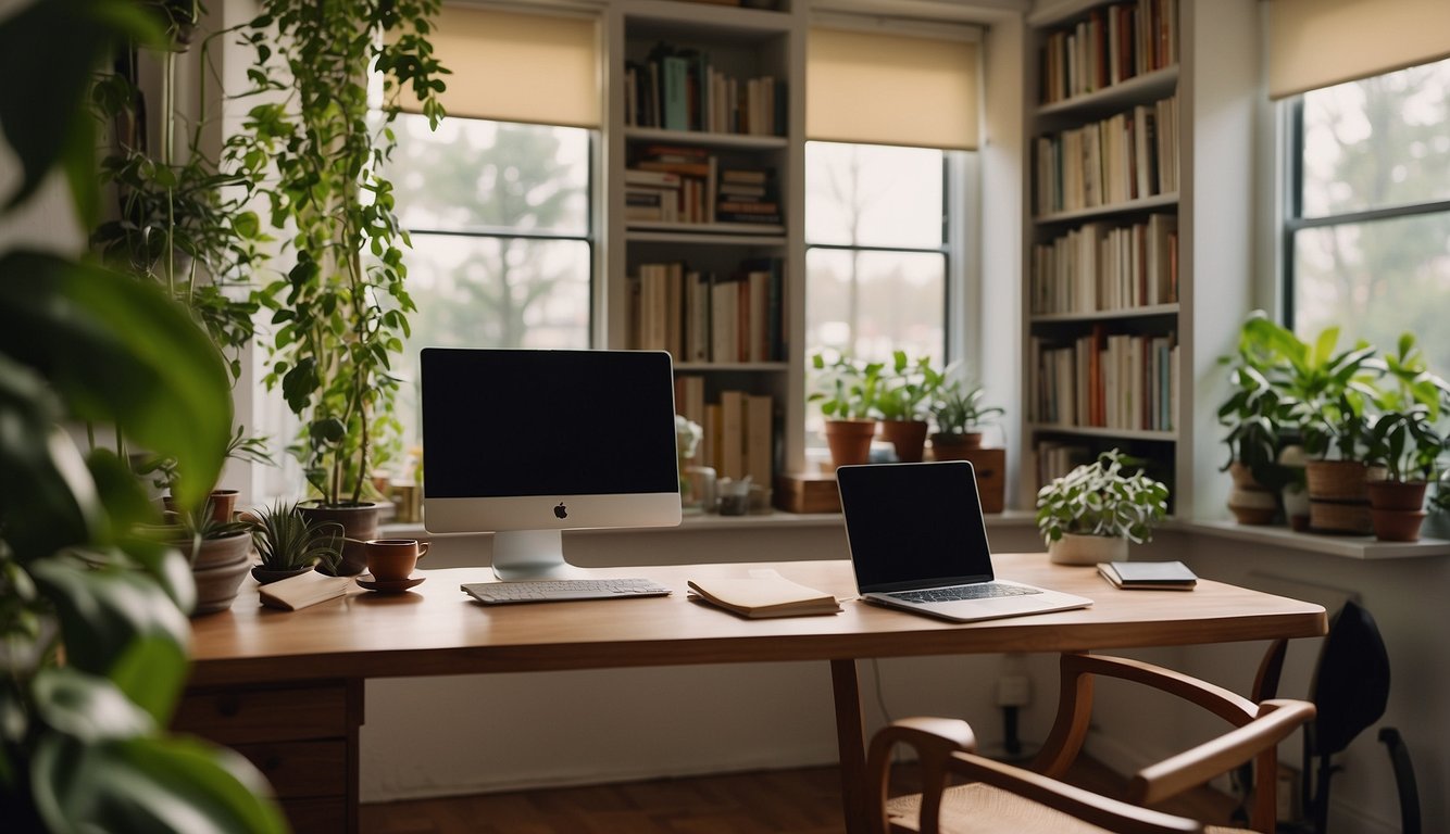 A desk with two chairs facing each other, a bookshelf filled with books and plants, a large window with natural light, and a laptop and notebooks on the desk