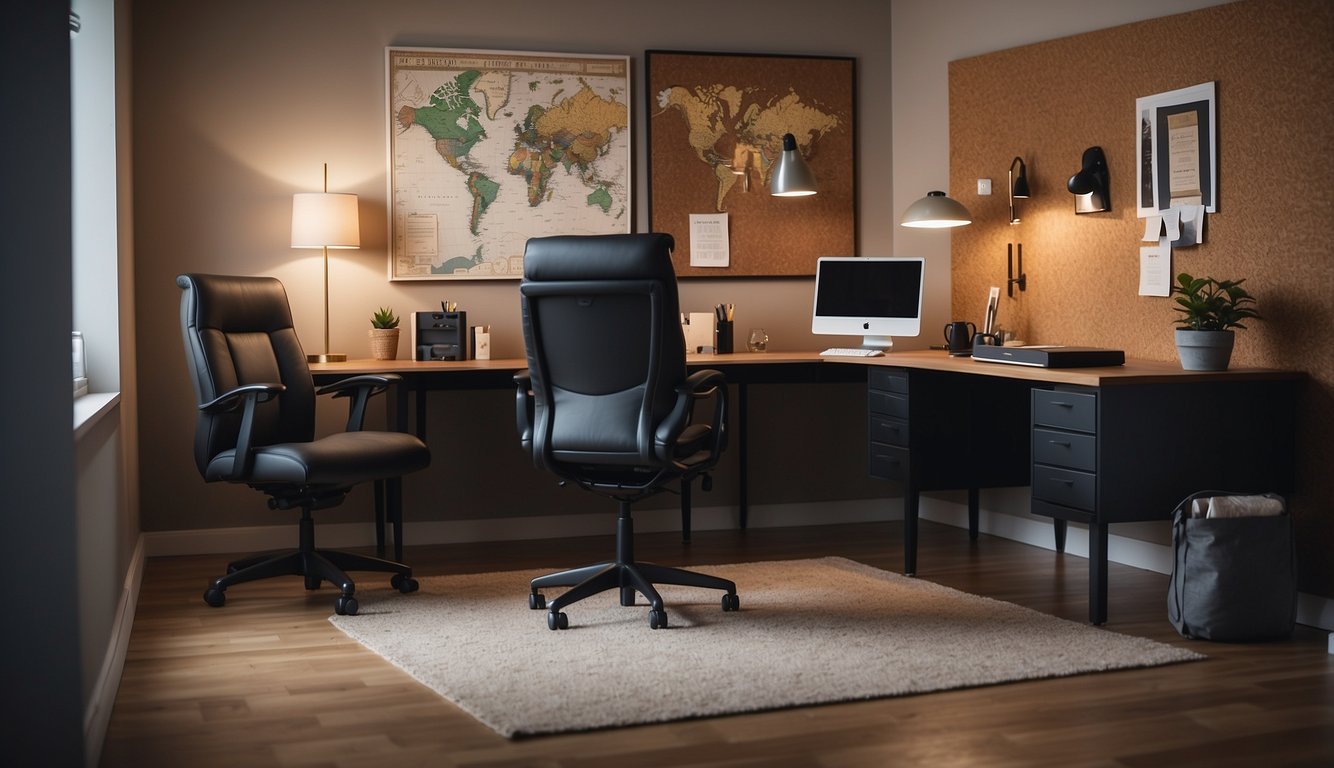 Two desks pushed together, with matching chairs and a large corkboard on the wall for notes and reminders. A shelf filled with office supplies and a cozy rug underfoot complete the space