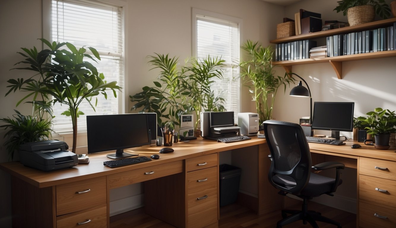 A desk with two computers, a printer, and office supplies. Two chairs facing each other. Shelves with books and files. Plants and natural light