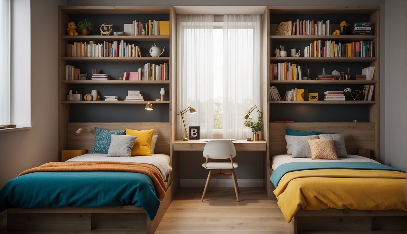 Two beds with colorful bedding are separated by a low bookshelf. Each side of the room has its own desk and storage for toys and books