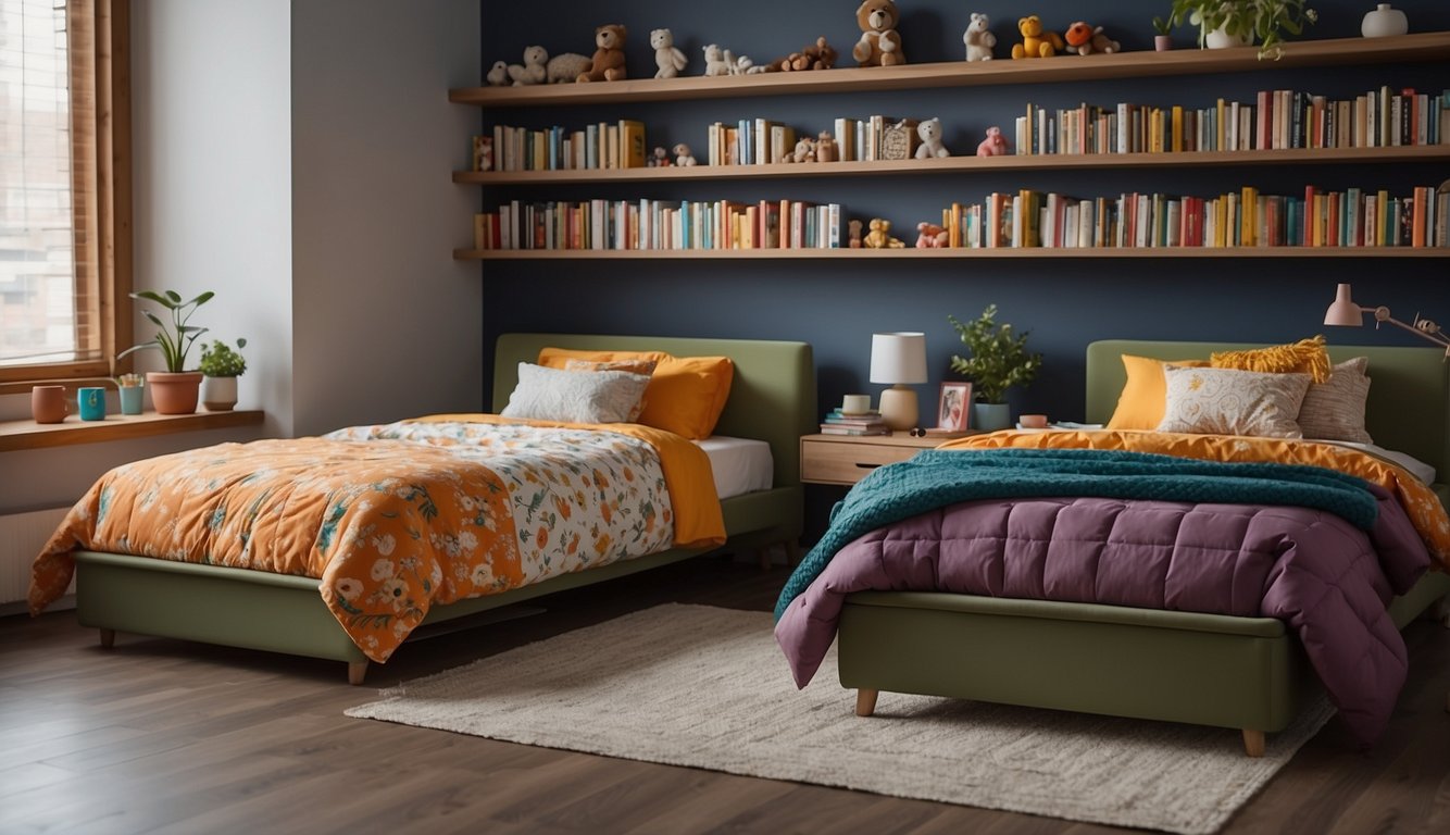 Two beds with colorful bedspreads sit on opposite sides of the room, separated by a low bookshelf. Toys and books are neatly organized in bins and on shelves