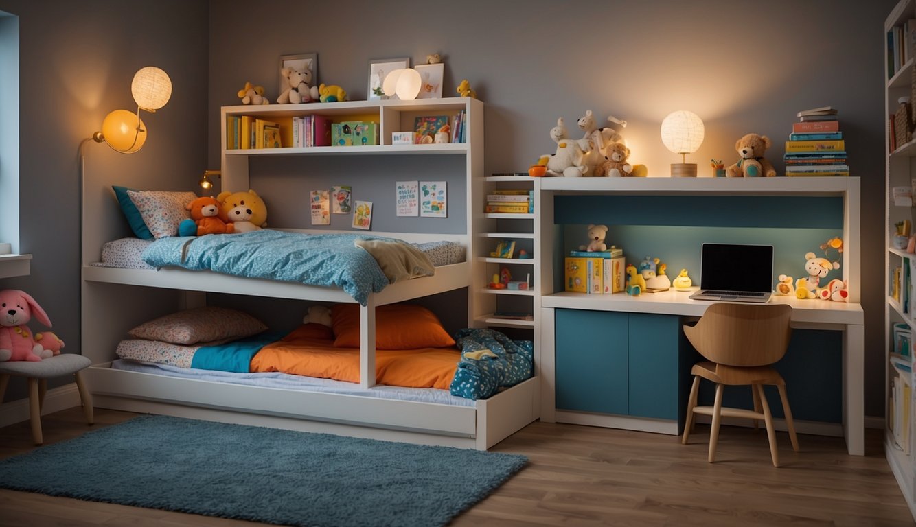 Two beds with colorful bedding on opposite sides of the room, each with its own small desk and chair. A bookshelf divides the space, filled with toys and books for each child