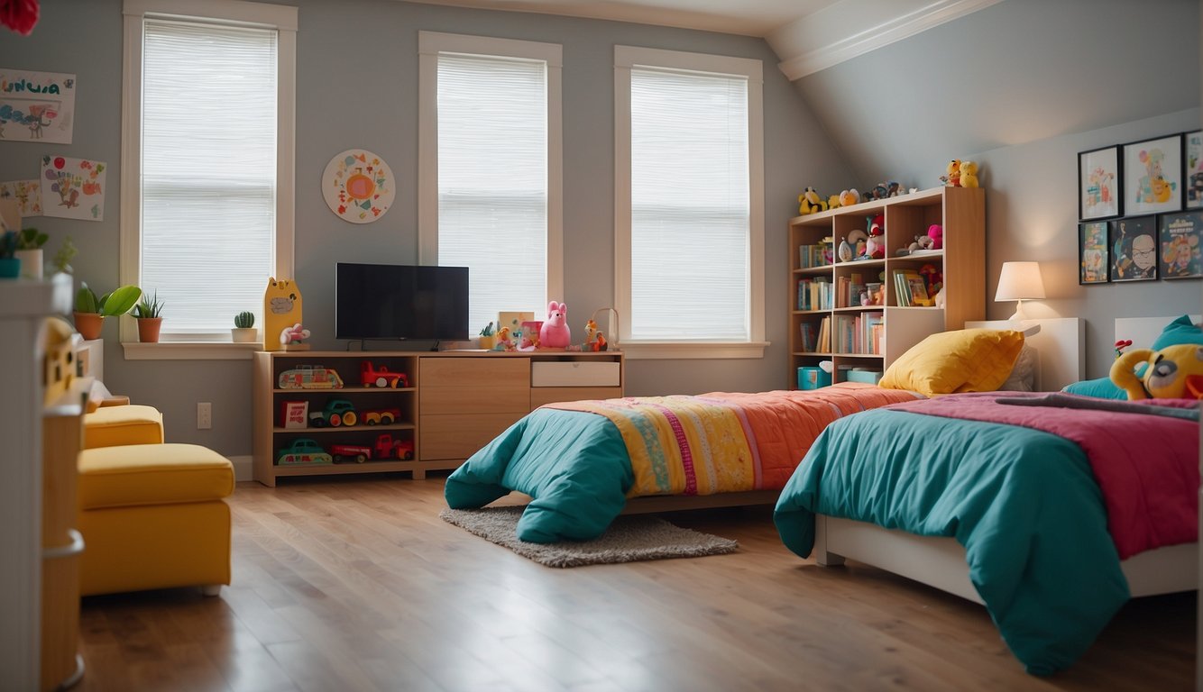 Two beds on opposite sides of a room, each with its own colorful bedding and personal items. A line of toys and books divides the space down the middle