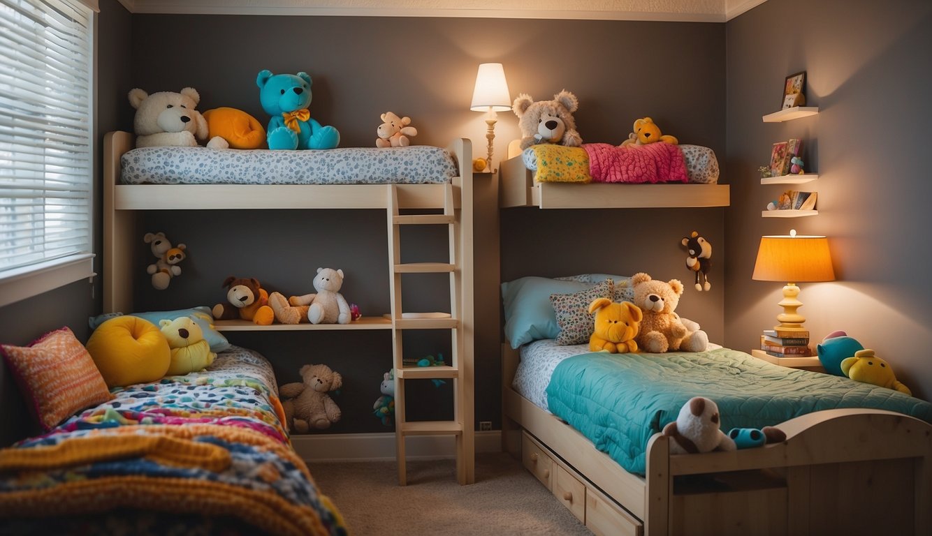 Two beds with colorful bedding on opposite sides of the room, each with its own small bookshelf and toy chest. A line of stuffed animals sits on a shelf above each bed, and a low table with chairs is in the center for activities