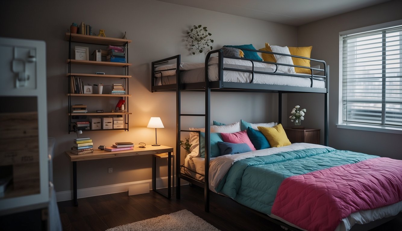 Two beds on opposite sides of room. Each bed has its own colorful bedding and personal belongings neatly organized on shelves and desks