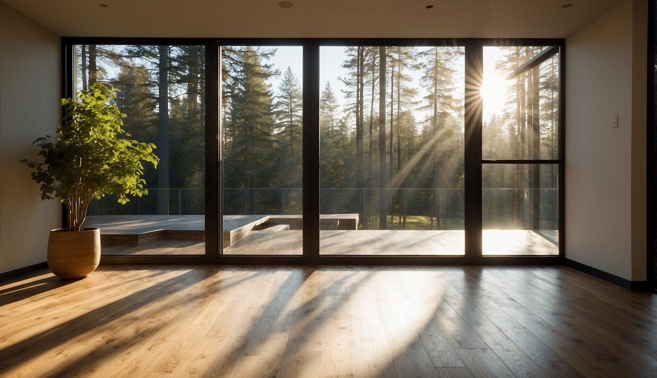 Sunlight streams through newly installed energy-efficient windows, casting a warm glow on the room's interior. Modern frames and sleek, clean lines enhance the overall aesthetic, while providing improved insulation and noise reduction