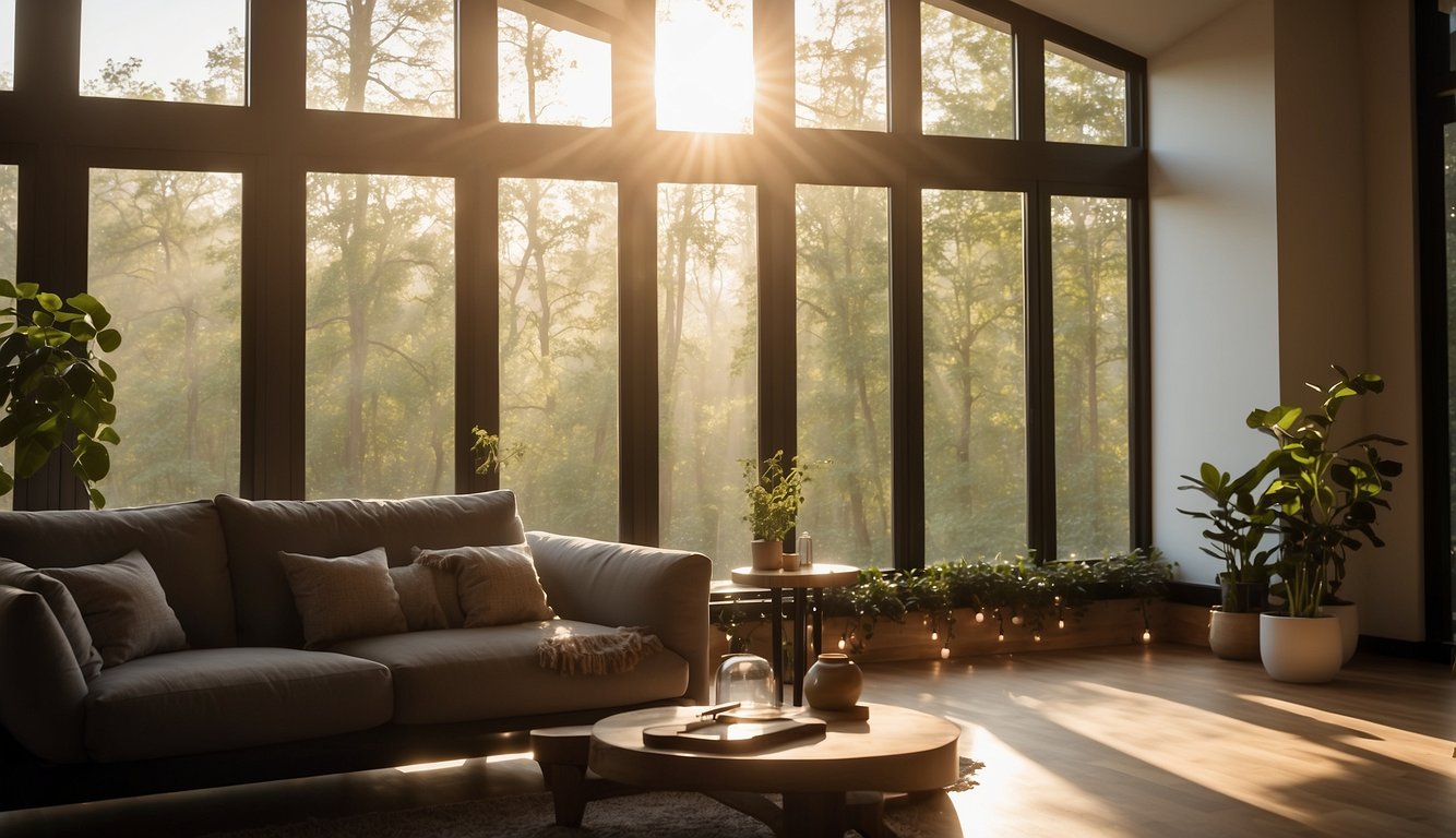 Sunlight streams through newly installed energy-efficient windows, casting a warm glow on the room's interior. A sleek, modern design complements the home's aesthetic, providing both style and functionality