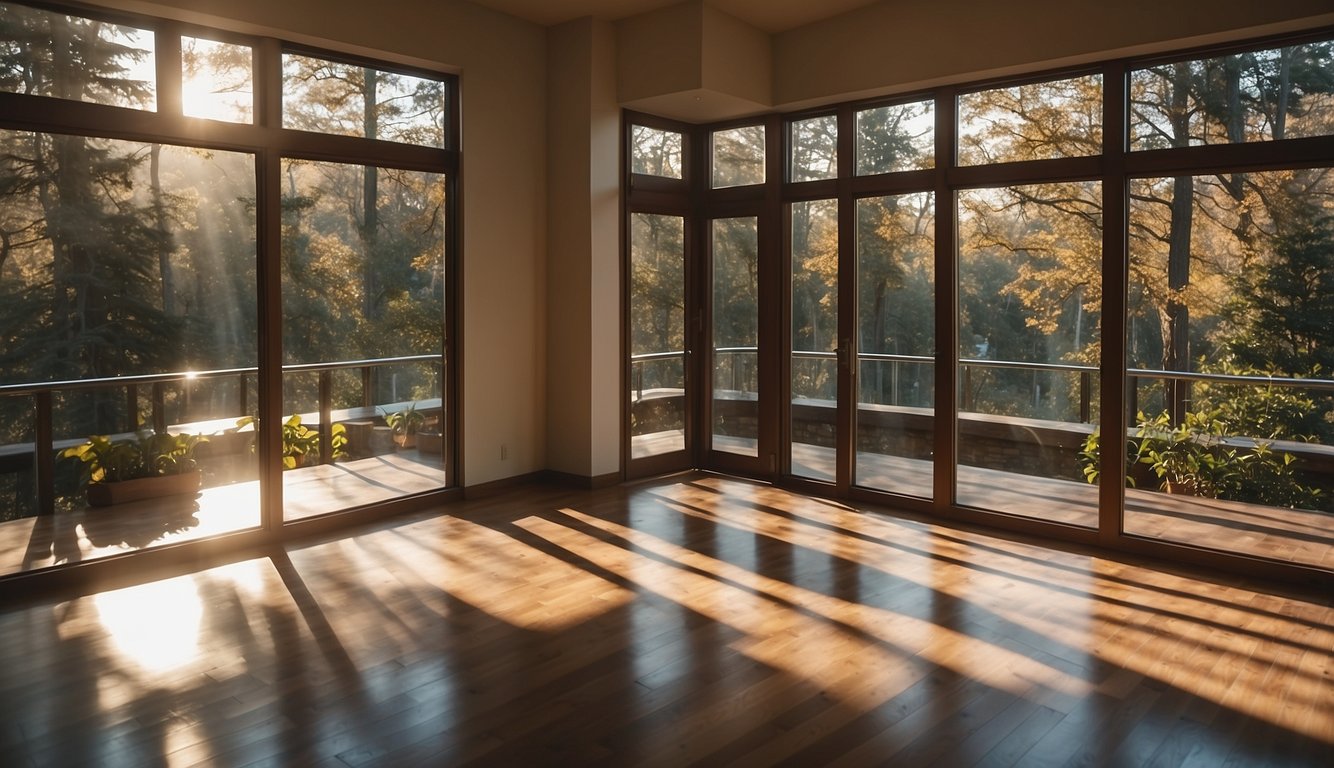 Sunlight streams through newly installed energy-efficient windows, casting a warm glow on the room's interior. The double-paned glass and sleek frames enhance the home's modern aesthetic