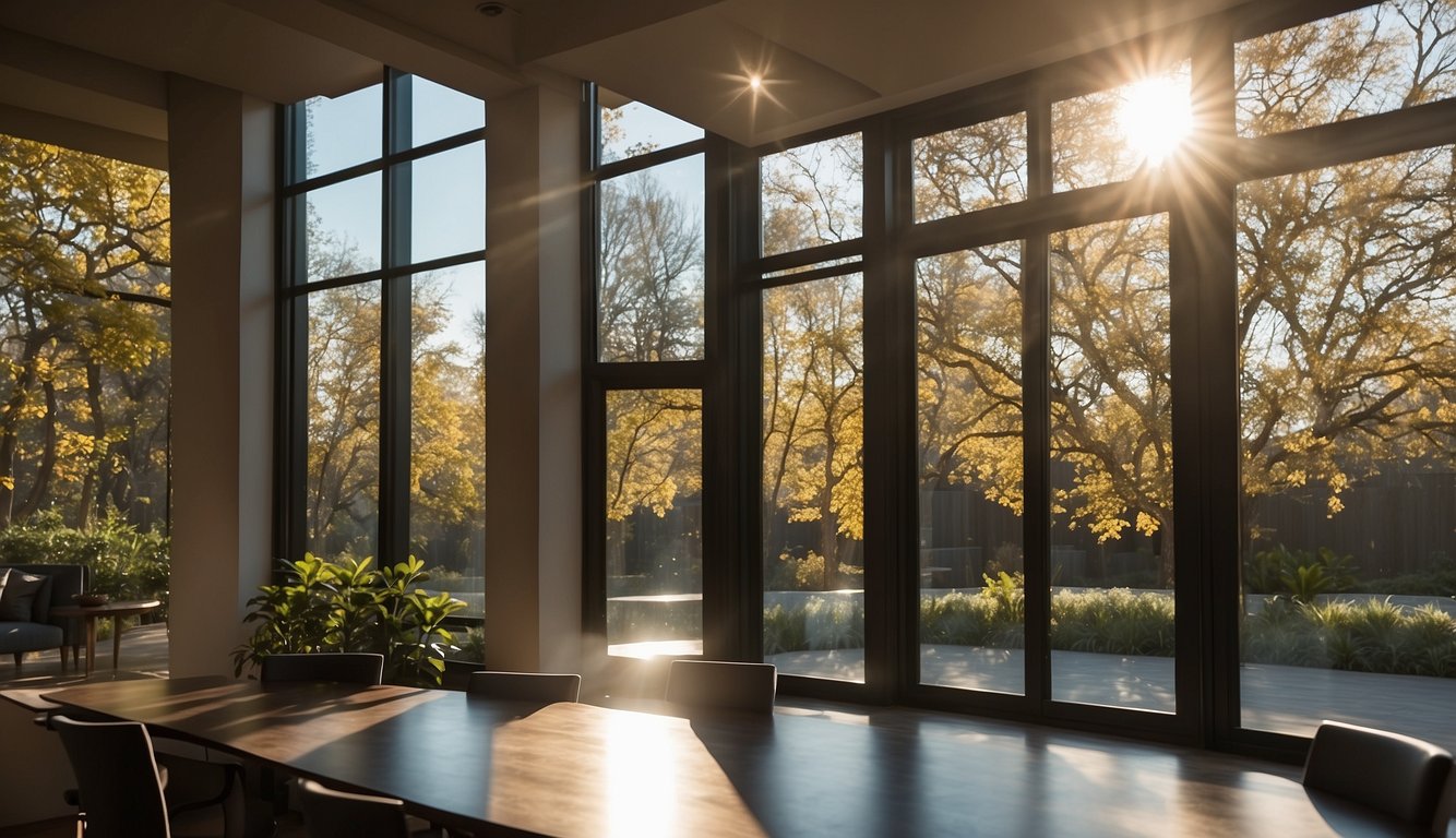 Sunlight streams through newly installed energy-efficient windows, casting a warm glow on the modern, sleek frames and crystal-clear glass