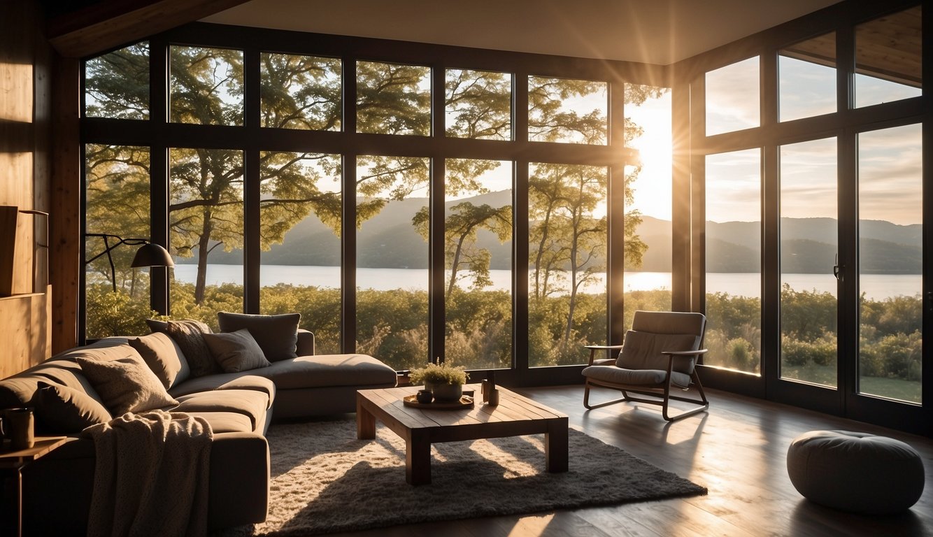 Sunlight streams through modern, energy-efficient windows in a cozy living room, showcasing a picturesque view of the surrounding landscape
