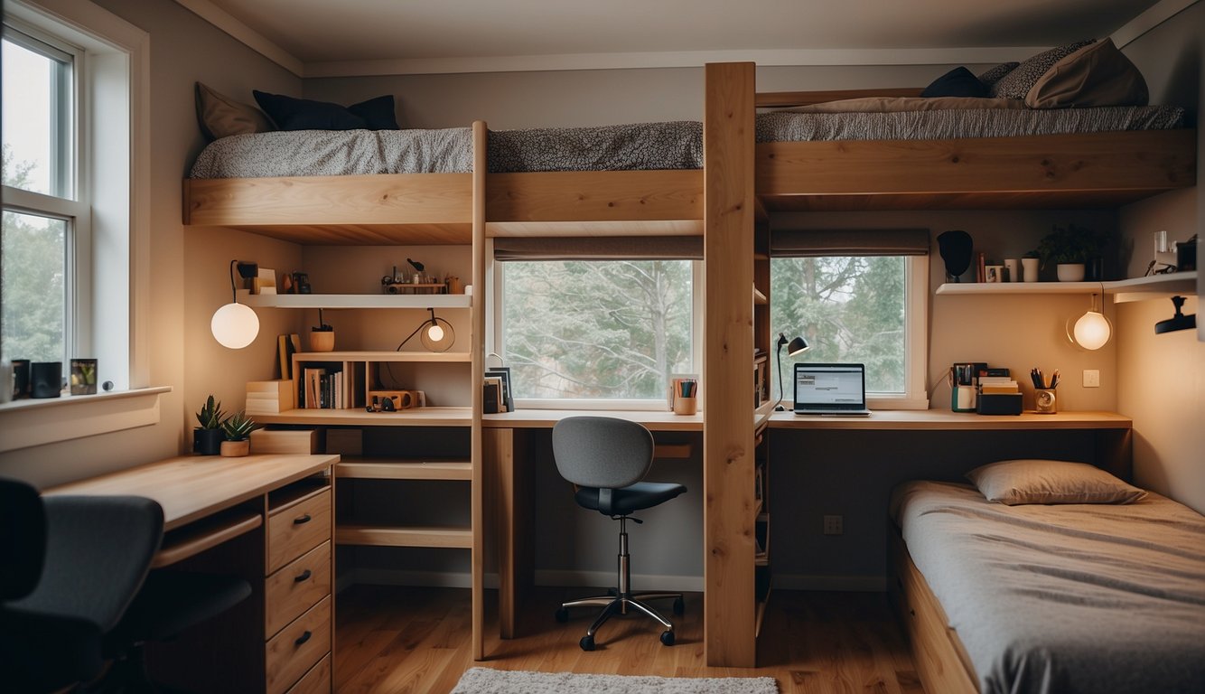 Two bunk beds with built-in storage, a fold-out desk, and a wall-mounted shelf in a cozy, clutter-free shared bedroom