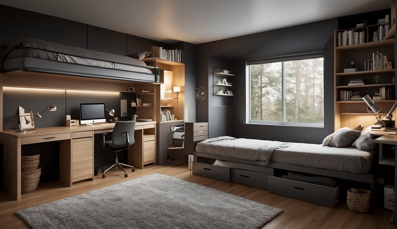 Two twin beds with built-in storage drawers underneath, a loft bed with a desk and shelves underneath, and a fold-out wall desk with wall-mounted chairs