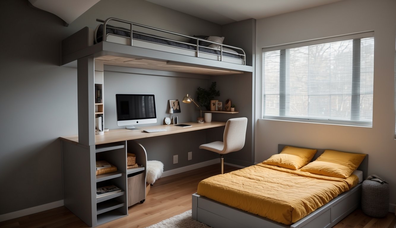 A bunk bed with built-in storage, a fold-down desk, and a wall-mounted shelf in a small, shared bedroom