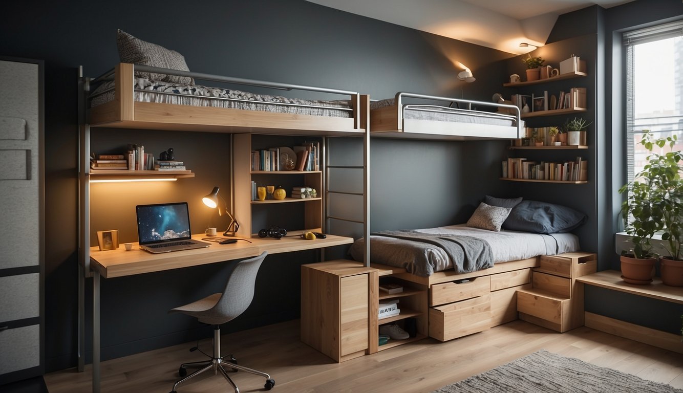 A bunk bed with built-in storage, a fold-out desk, and a wall-mounted shelf system maximize space in a small shared bedroom