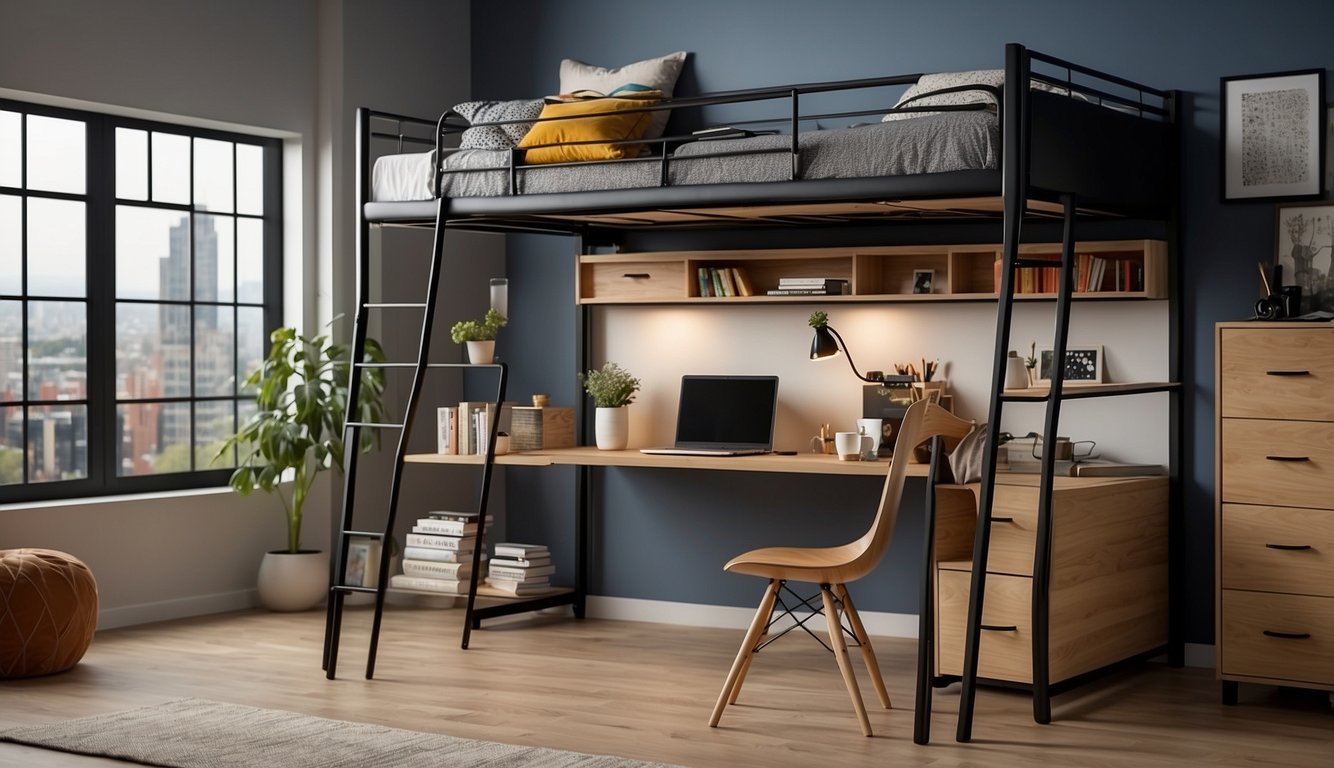 Two loft beds with built-in desks underneath, a wall-mounted fold-down table, and a storage ottoman that doubles as seating