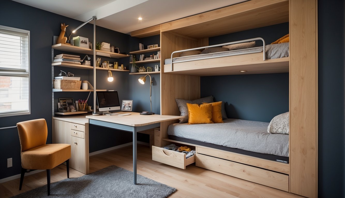 A bunk bed with built-in storage, a fold-out desk, and wall-mounted shelves maximize space in a small shared bedroom