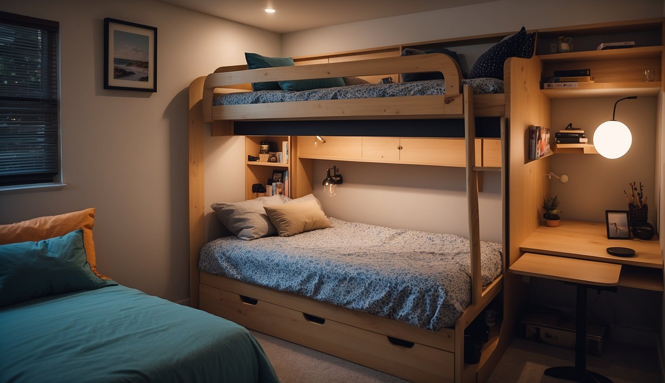 A bunk bed with built-in storage, a fold-down desk, and a wall-mounted shelf in a small shared bedroom
