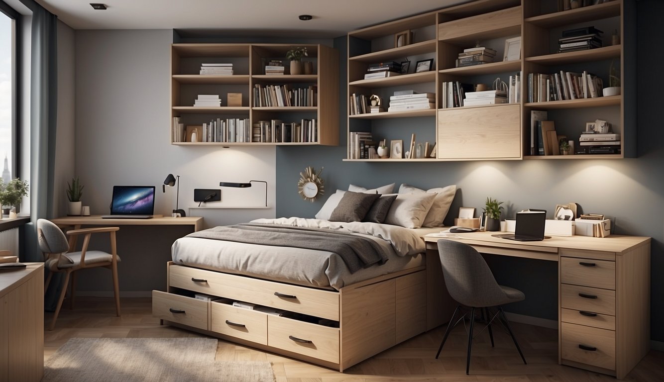 A studio apartment with clever storage solutions: wall-mounted shelves, under-bed drawers, and a fold-out desk. Efficient use of space