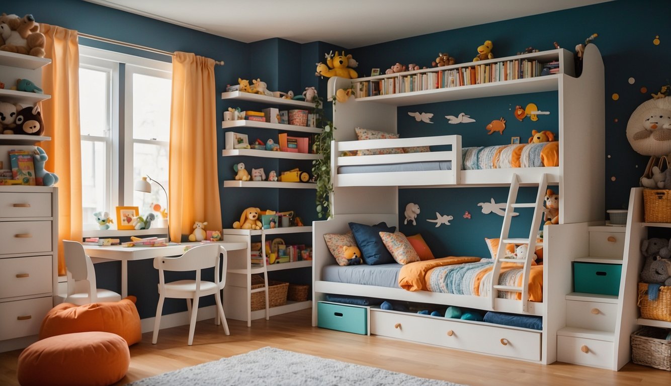 A colorful, organized kids' room with bunk beds, built-in shelves, and under-bed storage. Toys neatly stored in labeled bins and hanging organizers. Bright, playful decor and a cozy reading nook complete the space