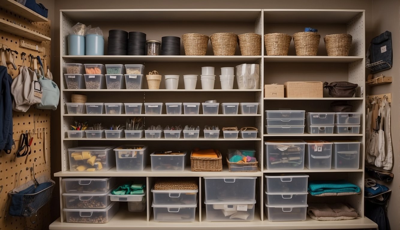 Various crafting supplies neatly organized in labeled bins and drawers. A pegboard with hooks holds tools, while a hanging shoe organizer stores smaller items