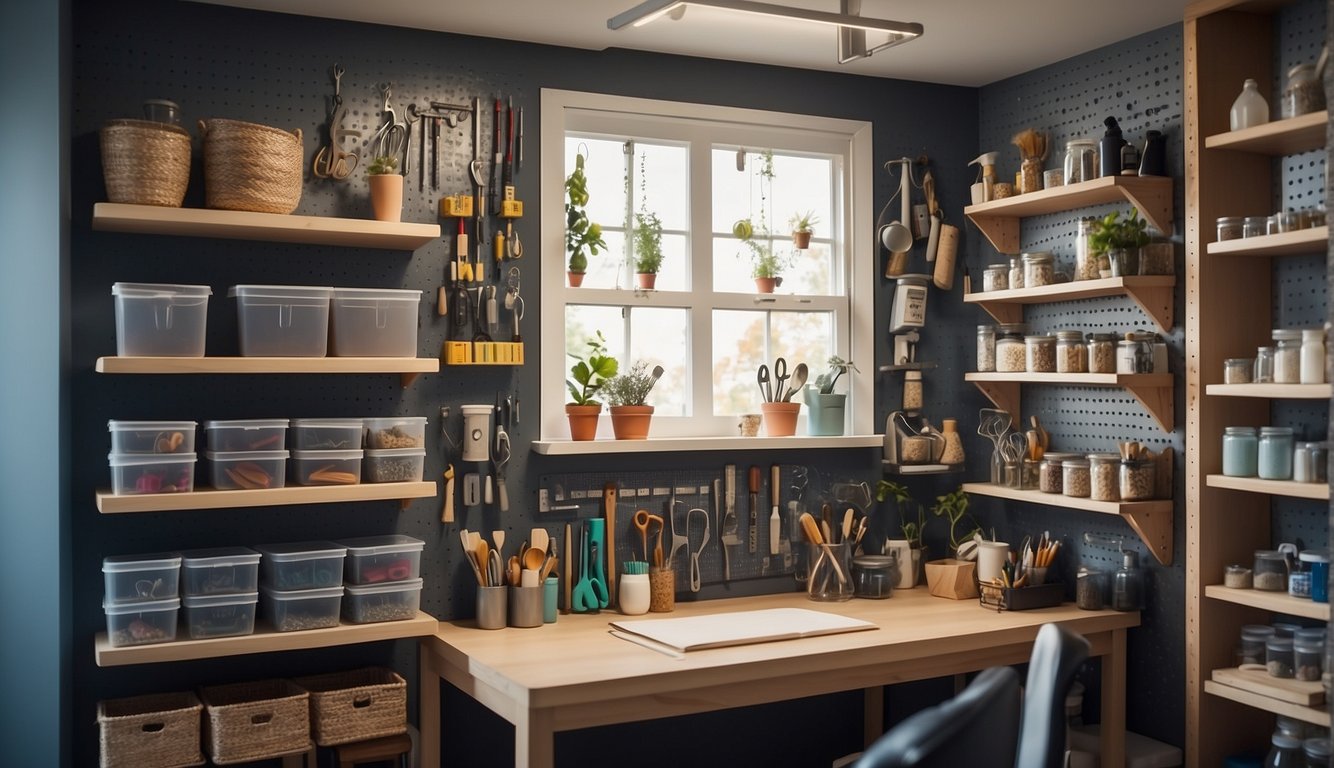 A wall with shelves holding neatly organized crafting supplies. A door with hanging storage pockets for small items. A pegboard with hooks for tools and accessories. A magnetic strip for storing metal items. A fold-out table for workspace