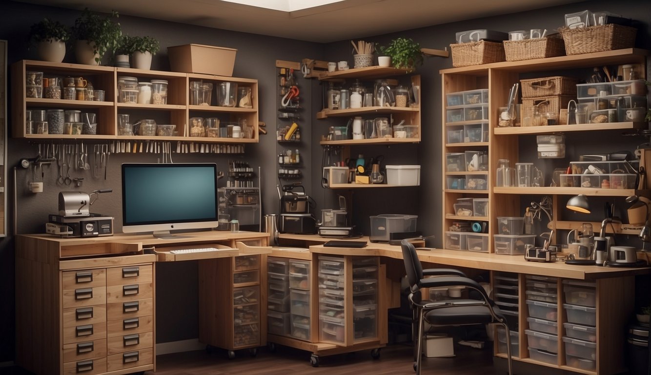 A crafting table with built-in drawers, hanging shelves for tools, wall-mounted pegboards, stackable bins, and a rolling cart for easy access to supplies