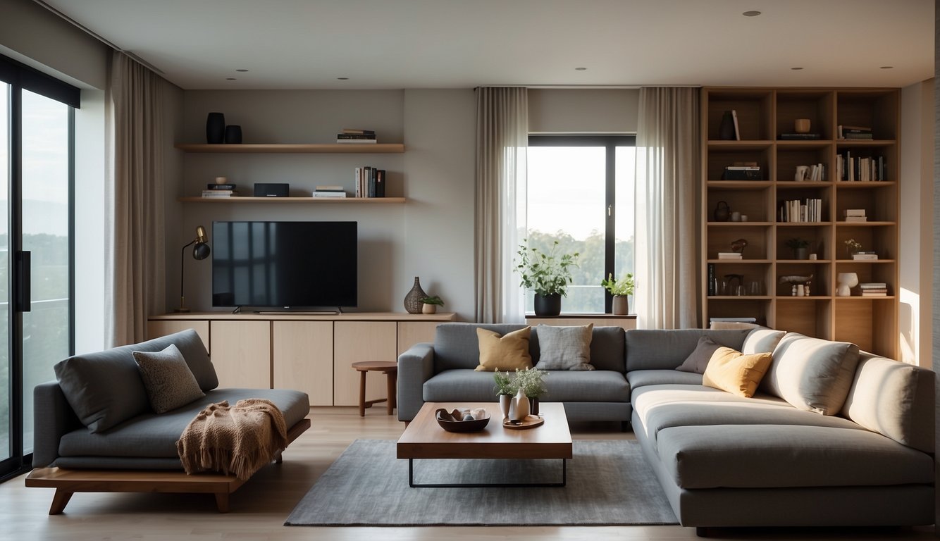 A spacious guest room with a fold-out sofa, built-in shelving, and a hidden murphy bed. The room is bathed in natural light from large windows, and the decor is modern and minimalist