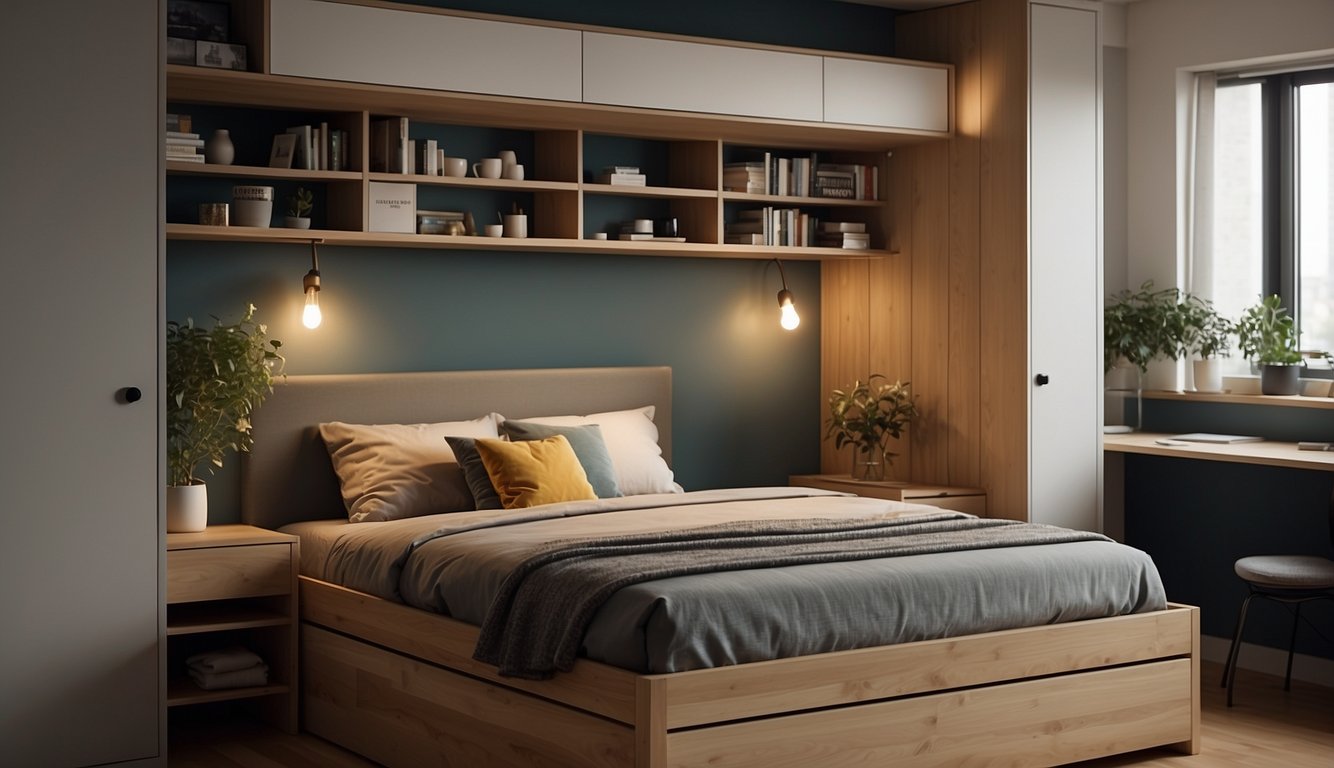 A neatly made bed with under-bed storage, a fold-out desk, wall-mounted shelves, and a hidden pull-out closet maximize space in a cozy guest room