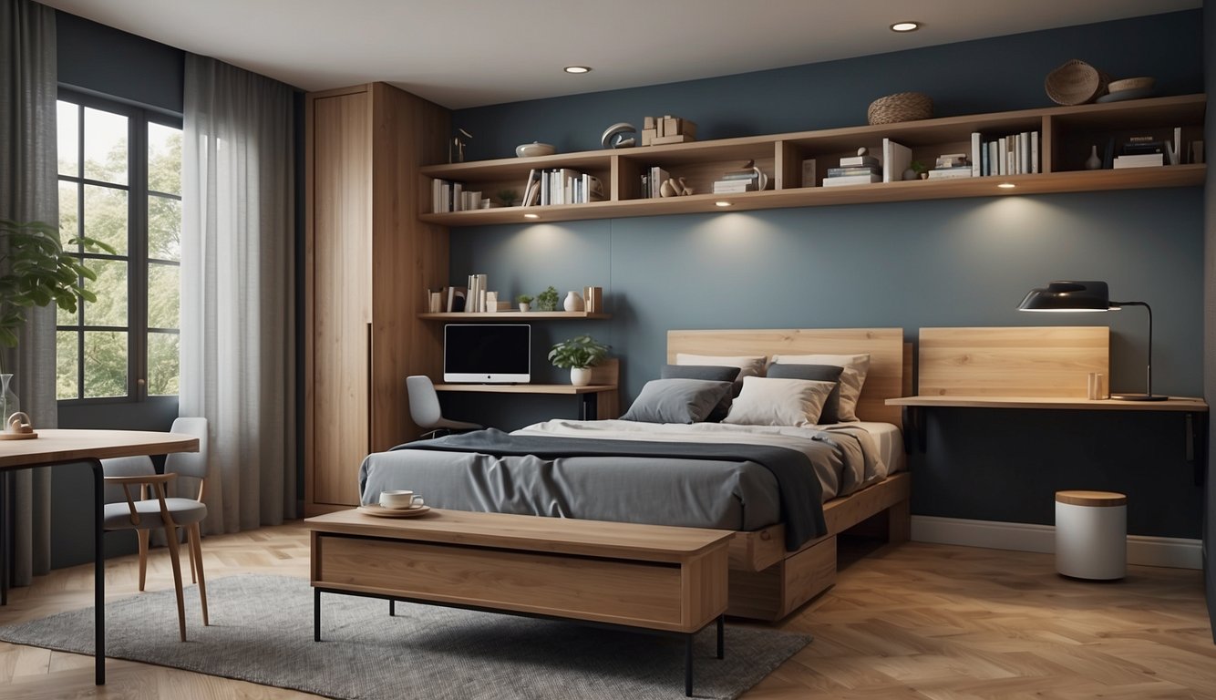 A guest room with a pull-out sofa bed, under-bed storage, wall-mounted shelves, a fold-down desk, and a closet with adjustable shelving
