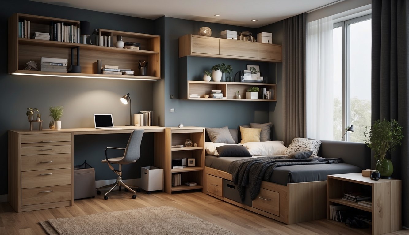 A multi-functional guest room with hidden storage compartments, wall-mounted shelves, under-bed drawers, and a fold-out desk. The space is organized and clutter-free, with decorative elements that double as functional storage solutions
