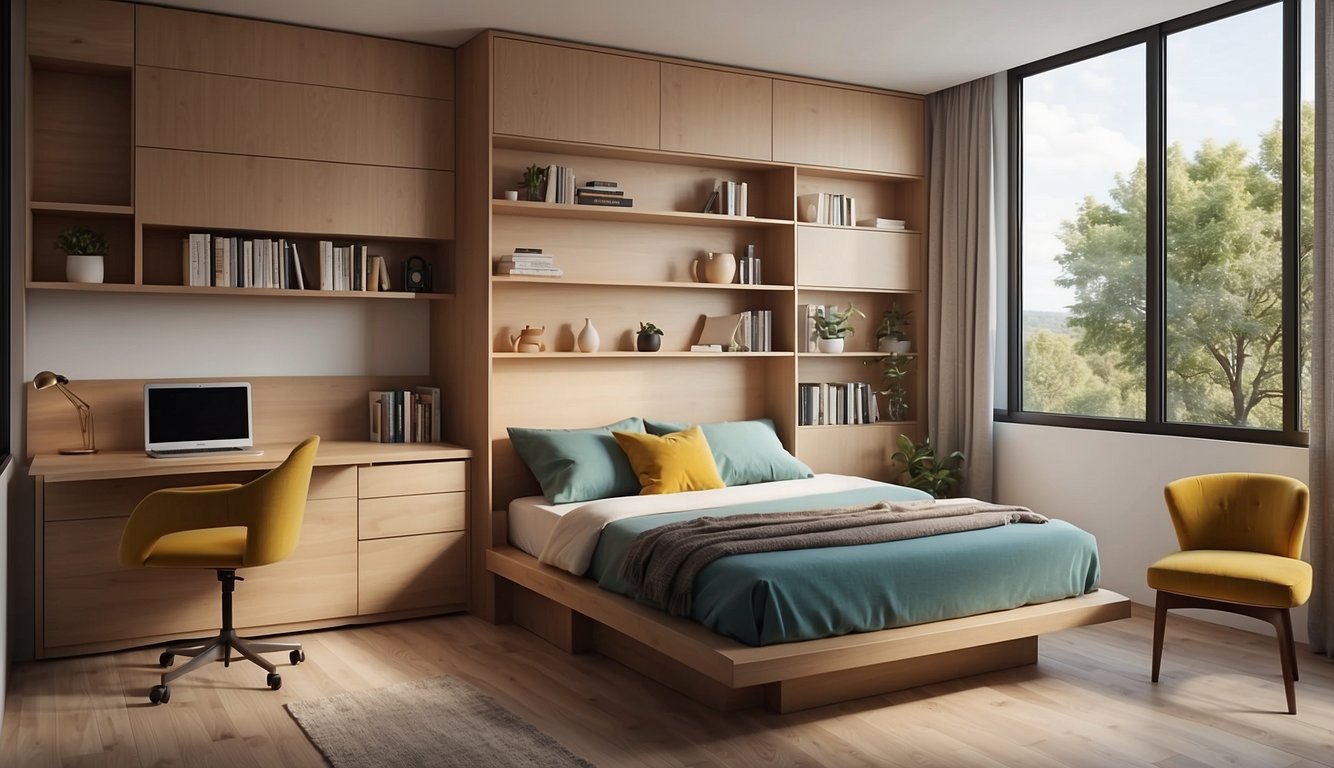 A guest room with a fold-out wall bed, built-in shelving, under-bed storage, and a convertible desk. Bright colors and natural light create a welcoming atmosphere