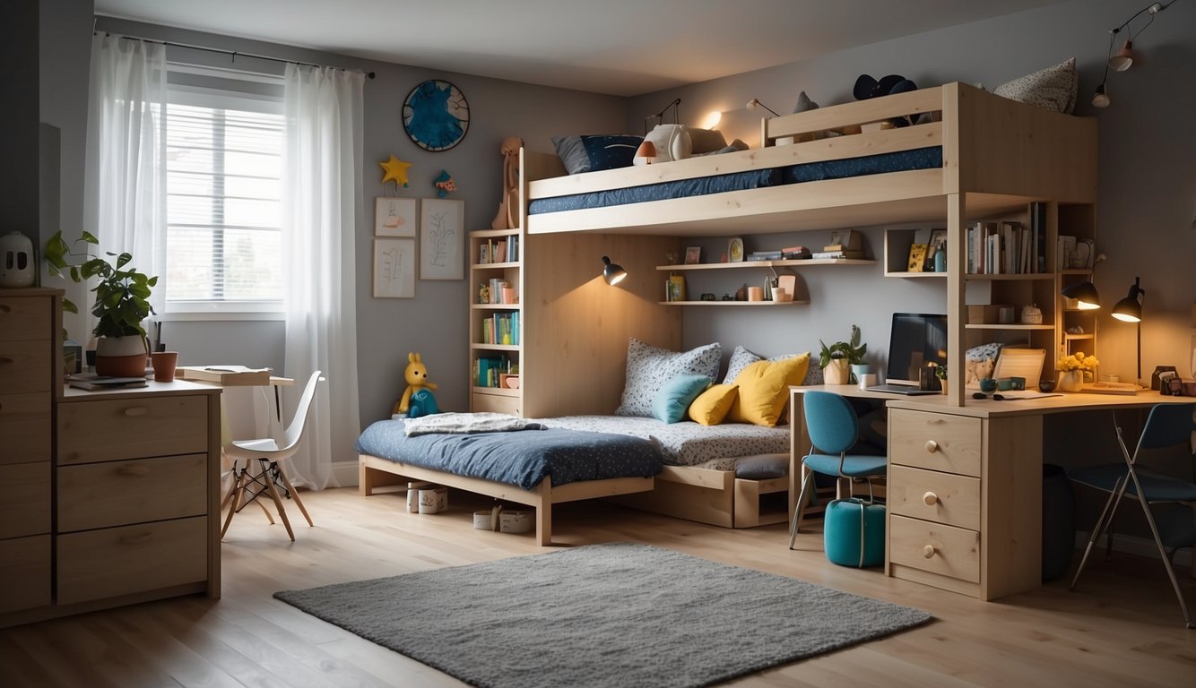 A cluttered kids' room transformed into a spacious, organized oasis. Loft beds, built-in storage, and foldable furniture maximize every inch