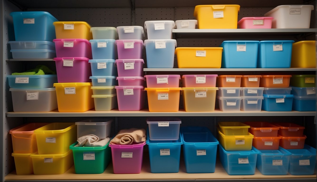 Various storage solutions for seasonal decorations, including labeled bins, adjustable shelving, and hanging organizers. Brightly colored boxes and clear containers are neatly arranged in a clutter-free space